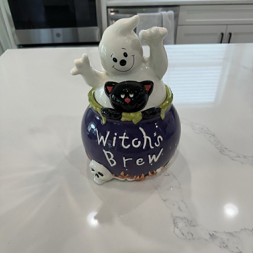 David's Cookies Halloween Witch's Brew Cookie Jar, Ghost, Skull, Black Cat Cute